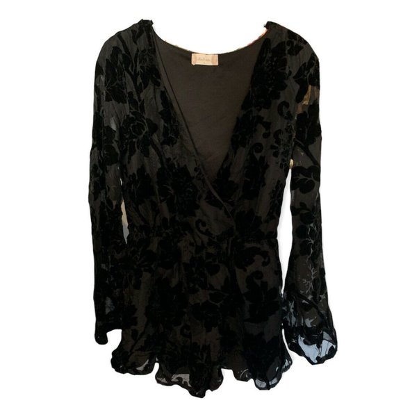 Altar'd State Pants - Altar'd State Womens S Black Romper Floral Velvet Burn Out Long Sleeves …